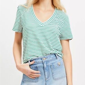 NWT LOFT Green and White Striped V-Neck Tee